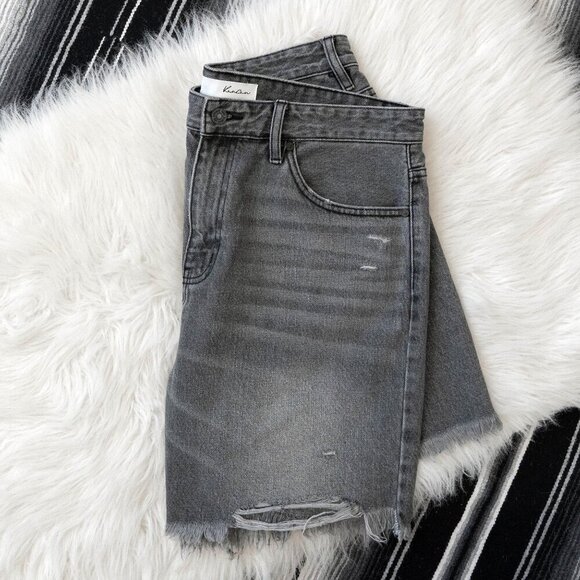 KANCAN JEAN SHORTS SZ 11/29 GRAY VINTAGE DENIM HIGH WAIST RAW HEM FRINGE 90S - Picture 1 of 7
